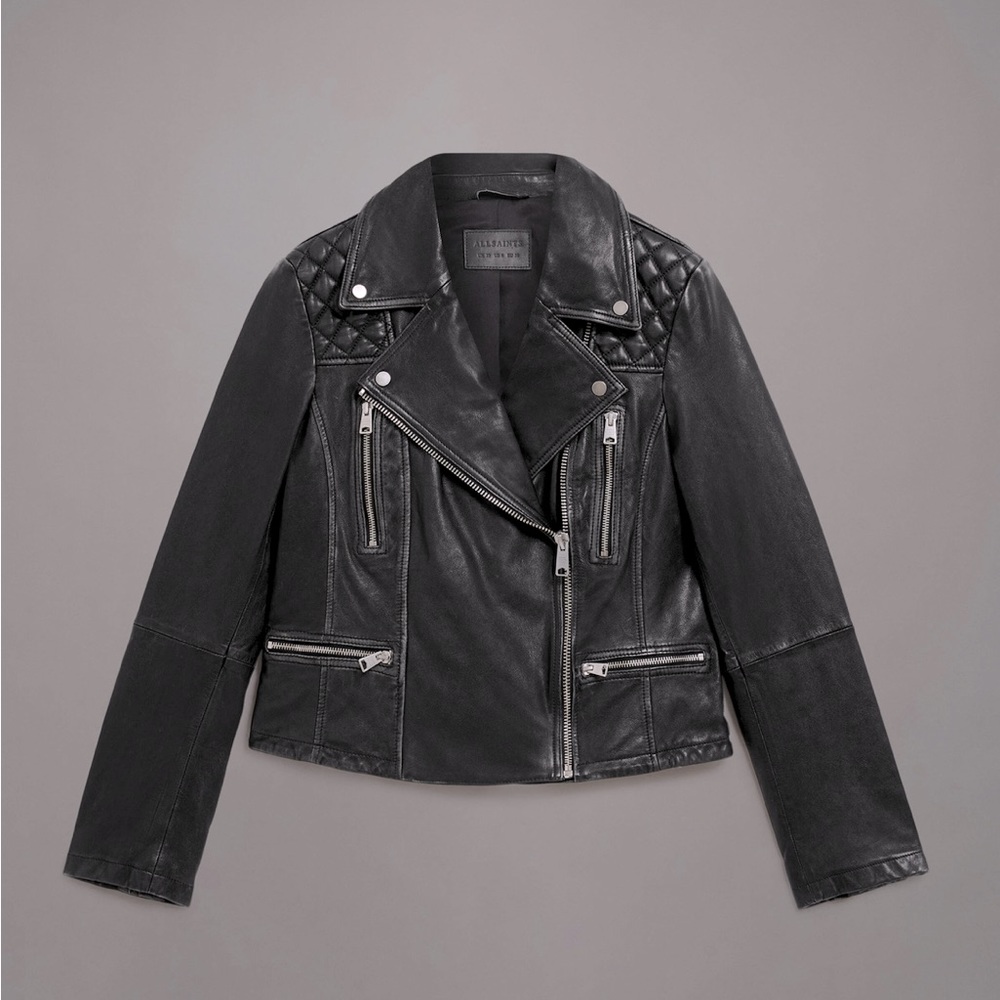 All Saints Cargo Distressed Leather Jacket Sz US 4 Black/Grey